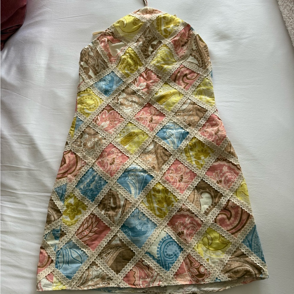 HEMANT & NANDITA Pastel Patchwork Halter Mini Dress - Pink, Blue, Yellow, Beige - Picture 5 of 5